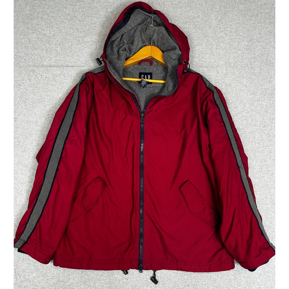 Vintage Gap Hooded Coat Mens Medium Red 1999 Fleece Lined Striped